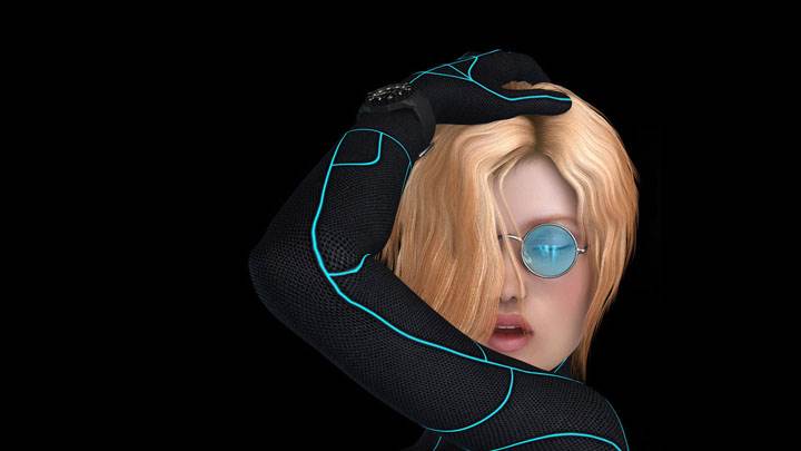 3d Girl In Black Dress N Blue Sunglasses And Black Background